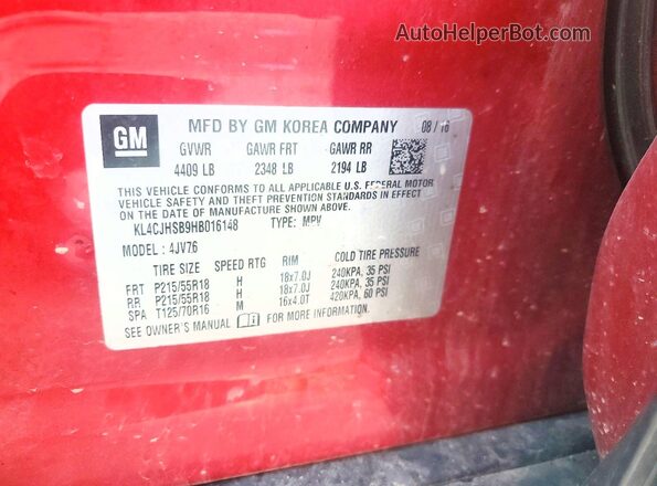 KL4CJHSB9HB016148 2017 BUICK ENCORE Burgundy VIN კოდის სტიკერის ხედი