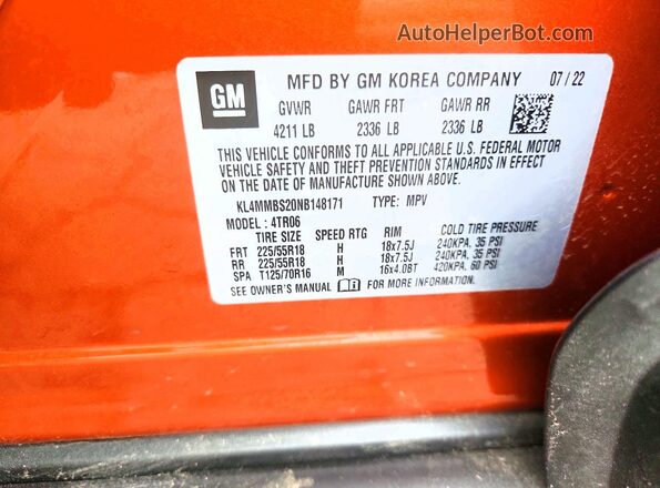 KL4MMBS20NB148171 2022 BUICK ENCORE Orange Vista del compartimento del motor