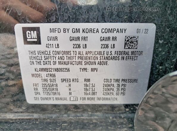 KL4MMBS21NB092256 2022 BUICK ENCORE Black VIN კოდის სტიკერის ხედი