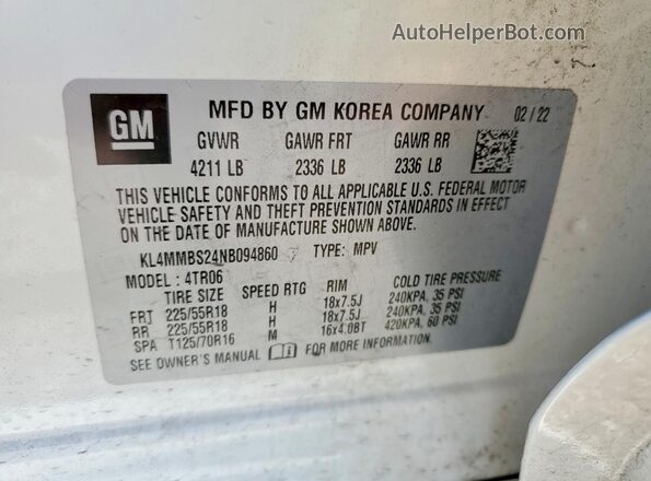 KL4MMBS24NB094860 2022 BUICK ENCORE White Vista de la etiqueta del VIN