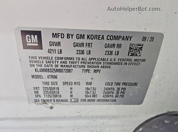 KL4MMBS25MB072087 2021 BUICK ENCORE Белый Вид наклейки с VIN-кодом