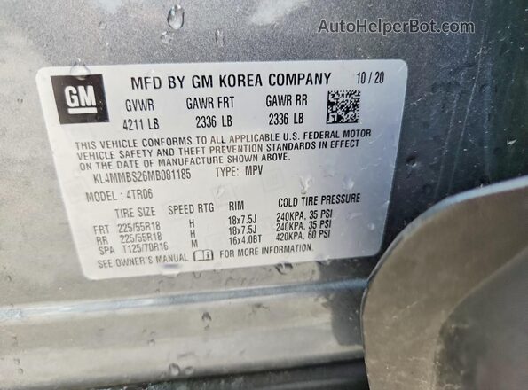 KL4MMBS26MB081185 2021 BUICK ENCORE Gray VIN კოდის სტიკერის ხედი