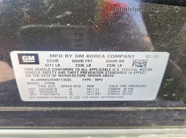 KL4MMBS28NB113555 2022 BUICK ENCORE Черный Вид наклейки с VIN-кодом