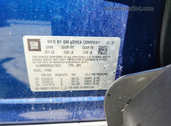 KL4MMBS29LB113612 2020 BUICK ENCORE Blue VIN կոդի պիտակի տեսք