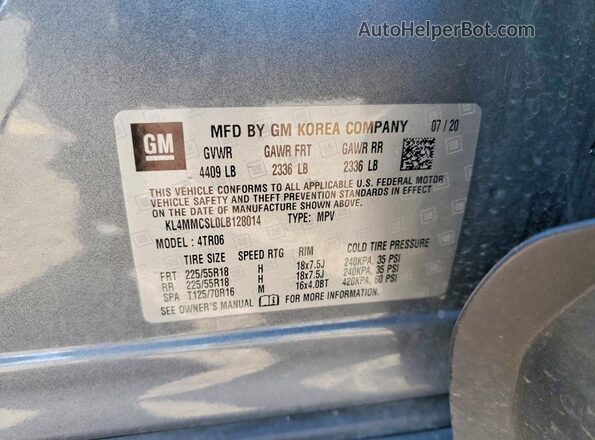 KL4MMCSL0LB128014 2020 BUICK ENCORE Silver Widok naklejki z numerem VIN