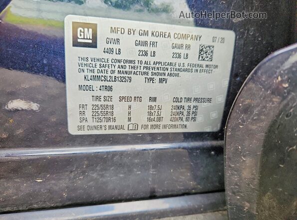 KL4MMCSL2LB132579 2020 BUICK ENCORE Blue Vista de la etiqueta del VIN