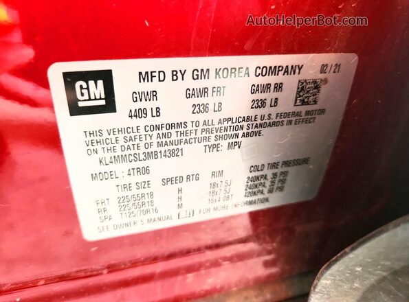 KL4MMCSL3MB143821 2021 BUICK ENCORE Burgundy VIN კოდის სტიკერის ხედი