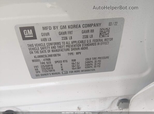 KL4MMCSL3NB108794 2022 BUICK ENCORE White Widok komory silnika