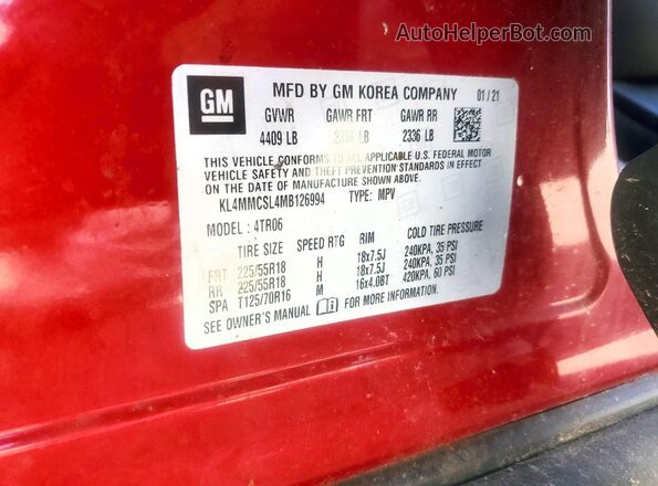 KL4MMCSL4MB126994 2021 BUICK ENCORE Red VIN კოდის სტიკერის ხედი