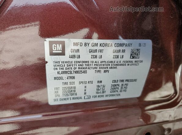 KL4MMCSL7NB025465 2022 BUICK ENCORE Brown Вид наклейки з VIN-кодом