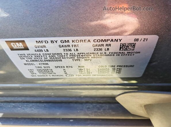 KL4MMCSL9NB055048 2022 BUICK ENCORE Charcoal Widok naklejki z numerem VIN