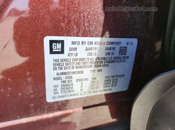 KL4MMDS21NB135036 2022 BUICK ENCORE Maroon VIN კოდის სტიკერის ხედი