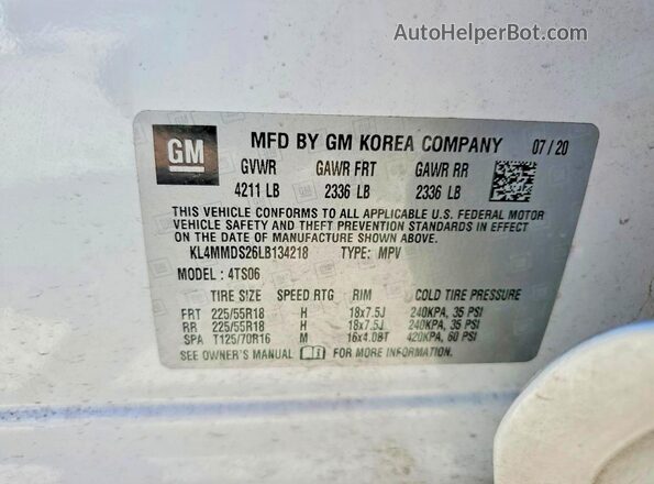 KL4MMDS26LB134218 2020 BUICK ENCORE White Вид підкапотного простору