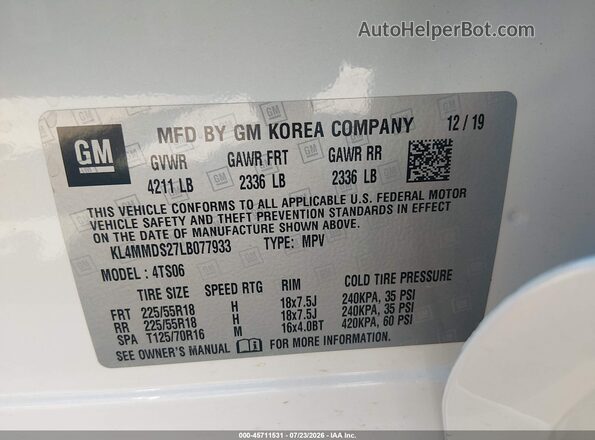KL4MMDS27LB077933 2020 BUICK ENCORE White Vista del compartimento del motor