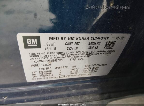KL4MMDS28MB087422 2021 BUICK ENCORE Blue Vista del compartimento del motor