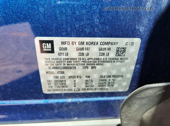 KL4MMDS29MB038729 2021 BUICK ENCORE Blue Widok naklejki z numerem VIN