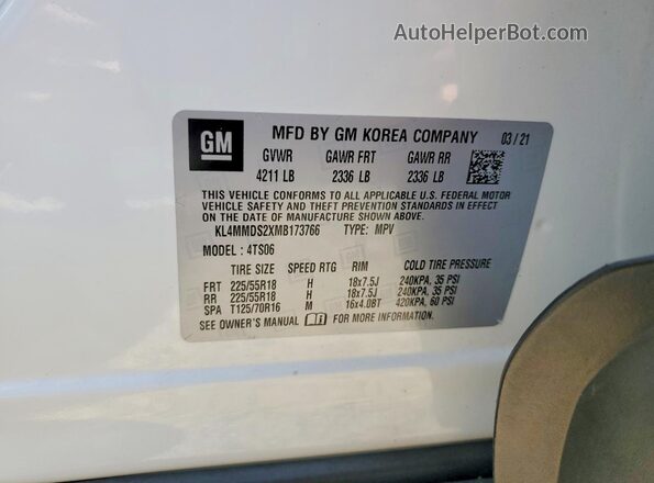 KL4MMDS2XMB173766 2021 BUICK ENCORE Белый Вид наклейки с VIN-кодом