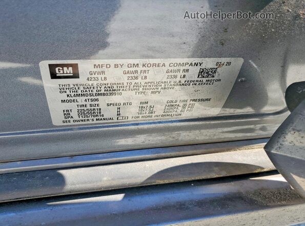 KL4MMDSL0MB039910 2021 BUICK ENCORE Gray Widok naklejki z numerem VIN
