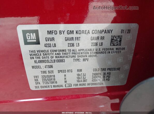 KL4MMDSL2LB100883 2020 BUICK ENCORE Red Շարժիչի բաժամունքի տեսք