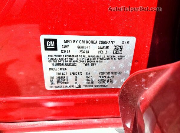 KL4MMDSL2LB103122 2020 BUICK ENCORE Red სალონის 360-გრადუსიანი ხედი