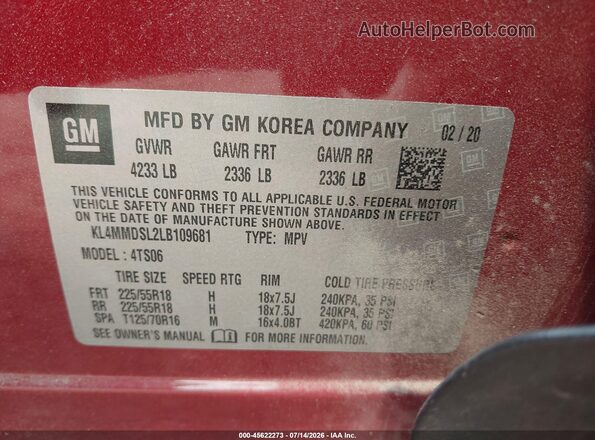 KL4MMDSL2LB109681 2020 BUICK ENCORE Red ძრავის განყოფილების ხედი