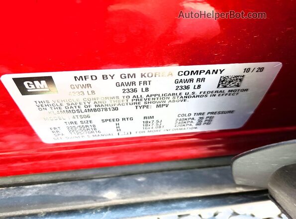 KL4MMDSL4MB078130 2021 BUICK ENCORE Red Вид наклейки з VIN-кодом