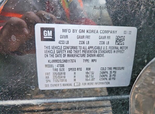 KL4MMDSL5NB117874 2022 BUICK ENCORE Black Vista de la etiqueta del VIN