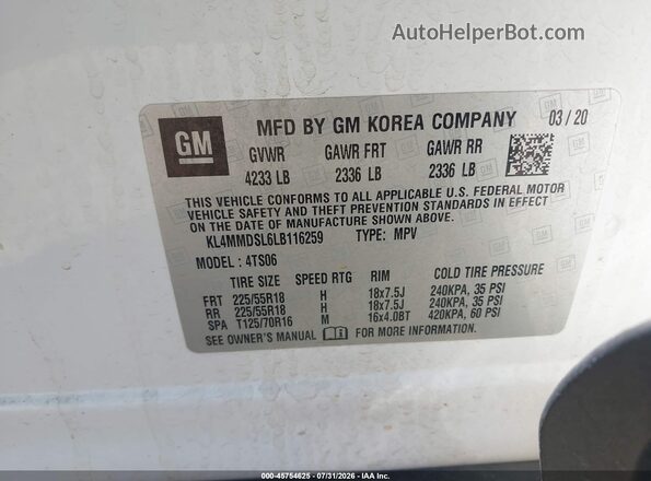 KL4MMDSL6LB116259 2020 BUICK ENCORE White ძრავის განყოფილების ხედი