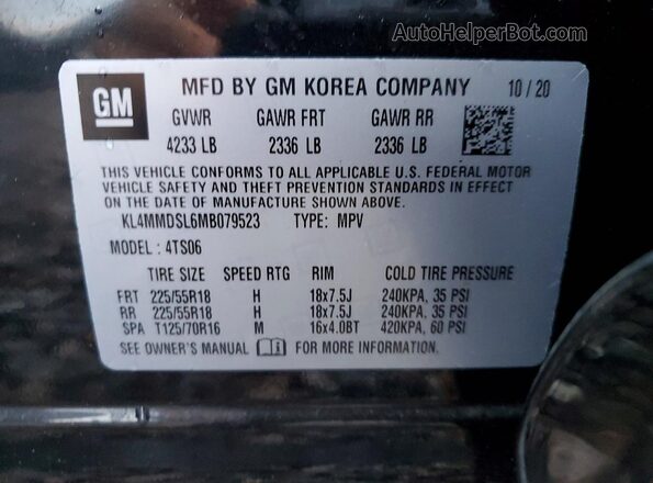 KL4MMDSL6MB079523 2021 BUICK ENCORE Black VIN კოდის სტიკერის ხედი