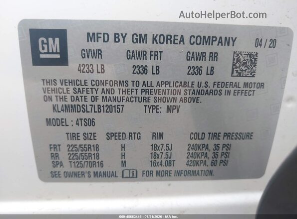 KL4MMDSL7LB120157 2020 BUICK ENCORE White ძრავის განყოფილების ხედი