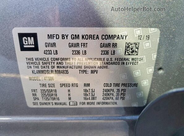 KL4MMDSL8LB084835 2020 BUICK ENCORE Gray Widok naklejki z numerem VIN
