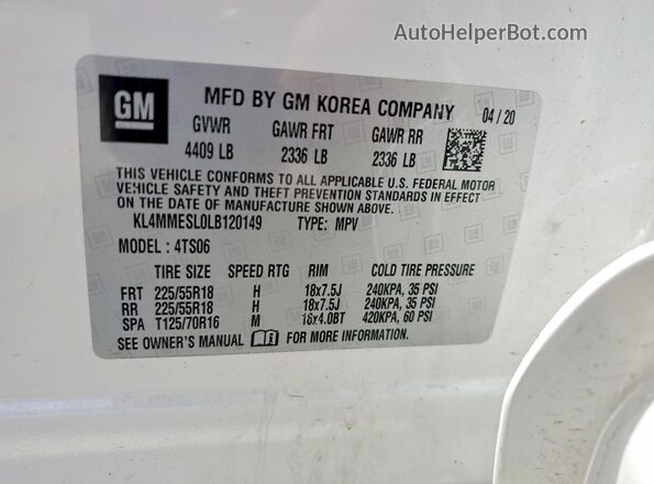 KL4MMESL0LB120149 2020 BUICK ENCORE White VIN sticker view