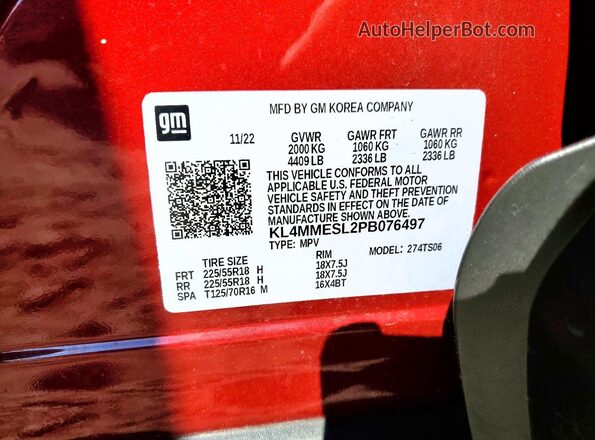 KL4MMESL2PB076497 2023 BUICK ENCORE Red VIN კოდის სტიკერის ხედი