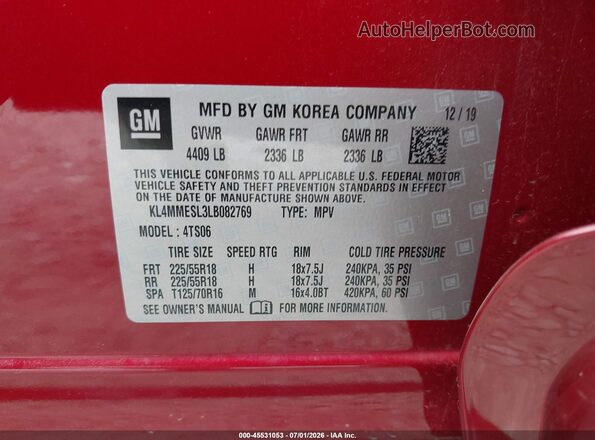 KL4MMESL3LB082769 2020 BUICK ENCORE Burgundy Вид підкапотного простору
