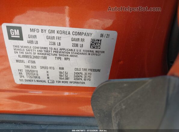 KL4MMESL3NB011588 2022 BUICK ENCORE Orange ძრავის განყოფილების ხედი