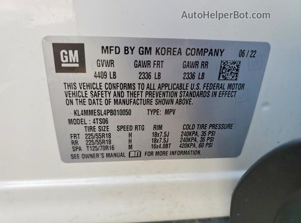 KL4MMESL4PB010050 2023 BUICK ENCORE White Вид наклейки з VIN-кодом
