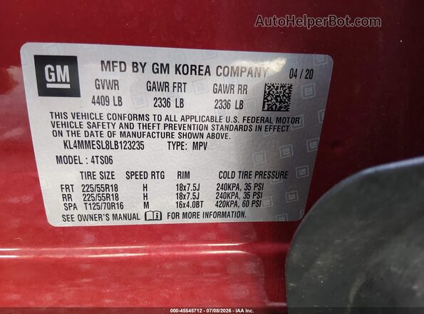 KL4MMESL8LB123235 2020 BUICK ENCORE Red Вид підкапотного простору