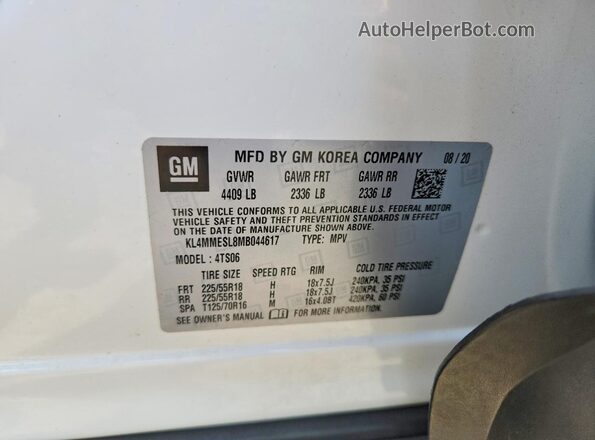 KL4MMESL8MB044617 2021 BUICK ENCORE White VIN კოდის სტიკერის ხედი