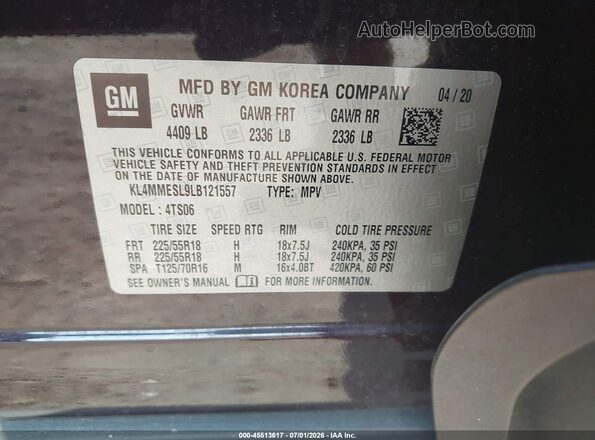 KL4MMESL9LB121557 2020 BUICK ENCORE Purple ძრავის განყოფილების ხედი