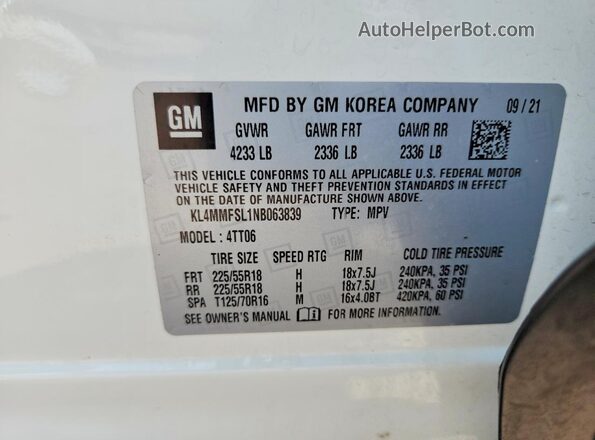 KL4MMFSL1NB063839 2022 BUICK ENCORE White Vista de la etiqueta del VIN