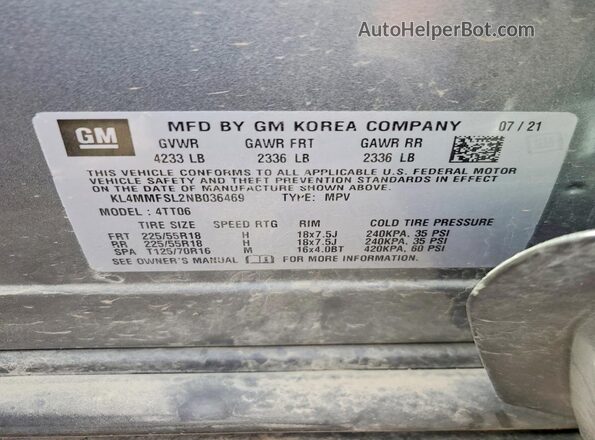KL4MMFSL2NB036469 2022 BUICK ENCORE Gray Вид наклейки з VIN-кодом