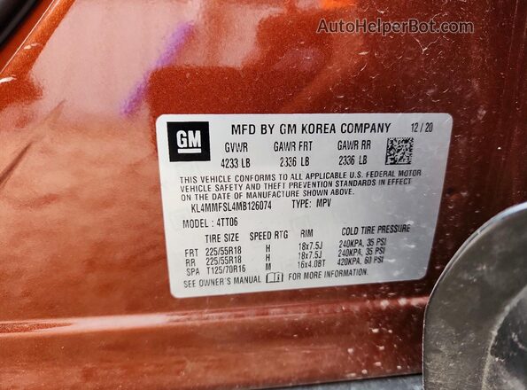 KL4MMFSL4MB126074 2021 BUICK ENCORE Orange ძრავის განყოფილების ხედი
