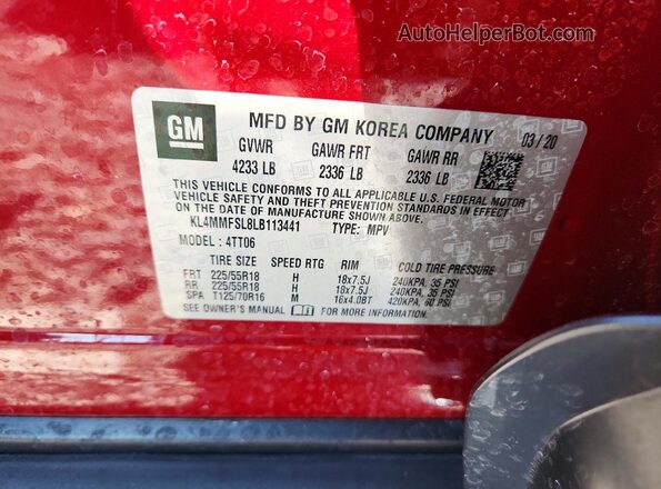 KL4MMFSL8LB113441 2020 BUICK ENCORE Red VIN კოდის სტიკერის ხედი