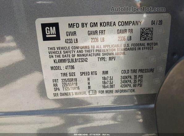 KL4MMFSL8LB123242 2020 BUICK ENCORE Gray Вид підкапотного простору