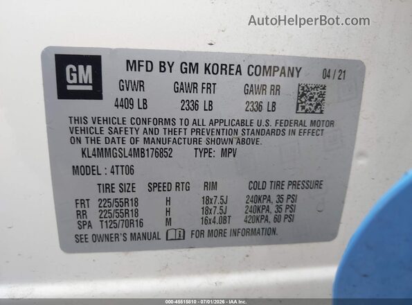 KL4MMGSL4MB176852 2021 BUICK ENCORE Blue Vista del compartimento del motor