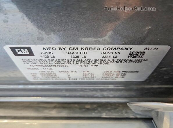 KL4MMGSL5MB162572 2021 BUICK ENCORE Gray Widok naklejki z numerem VIN