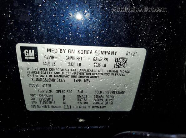 KL4MMGSL6MB131377 2021 BUICK ENCORE Blue VIN კოდის სტიკერის ხედი