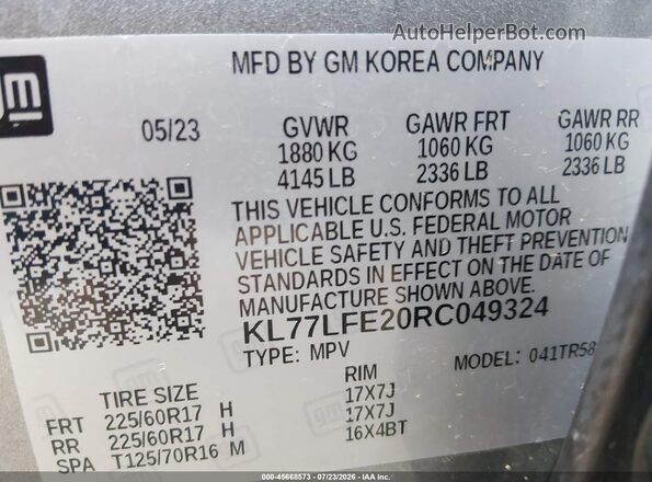 KL77LFE20RC049324 2024 CHEVROLET TRAX Gray Engine compartment view