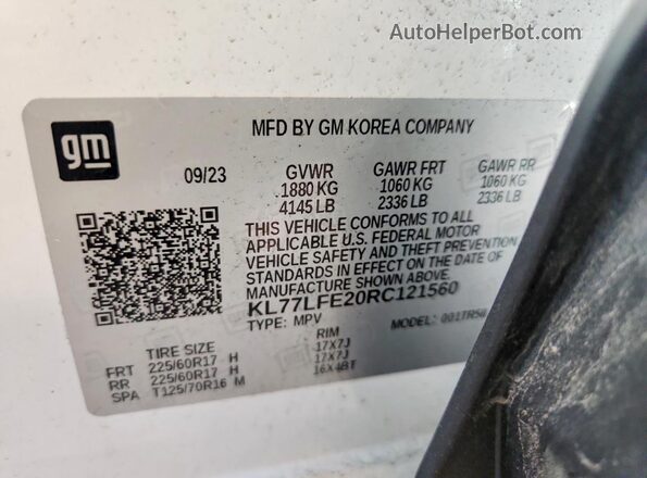 KL77LFE20RC121560 2024 CHEVROLET TRAX White Vista de la etiqueta del VIN
