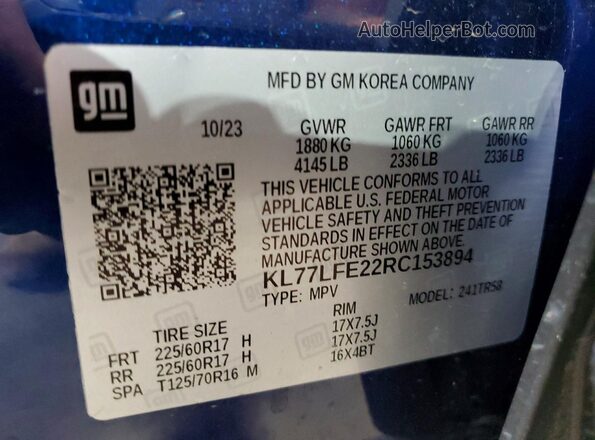 KL77LFE22RC153894 2024 CHEVROLET TRAX Blue Вид наклейки з VIN-кодом